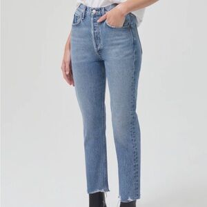 Agolde Jeans 30 Blue Button Fly High Rise Straight Riley Crop Haven A056-1371